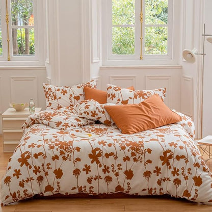 CLOTHKNOW Brown Floral Queen Comforter Set Boho Bedding Comforter Sets Leaves Bedding White Brown Bed Comforter Sets Queen