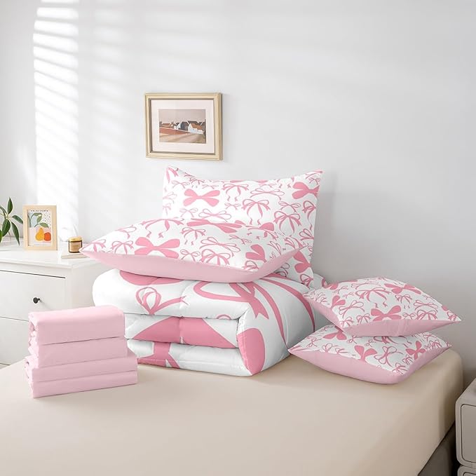 Feelyou Bow Bedding Set for All Season Boys Girls Full Size Black Cute Bowknot 7 Pieces Comforter Sets Women Men Pink Girls Bow Bed in a Bag with Comforter, Sheets, Pillowcases & Cushion Cover