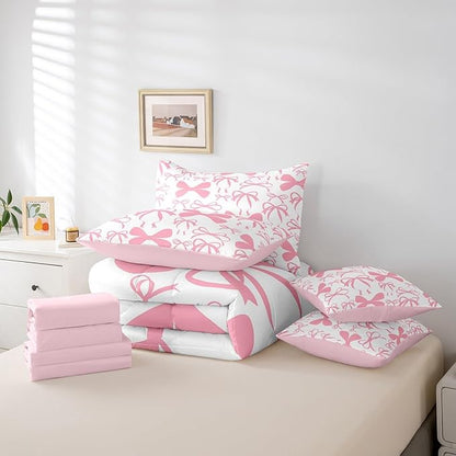 Feelyou Bow Bedding Set for All Season Boys Girls Full Size Black Cute Bowknot 7 Pieces Comforter Sets Women Men Pink Girls Bow Bed in a Bag with Comforter, Sheets, Pillowcases & Cushion Cover