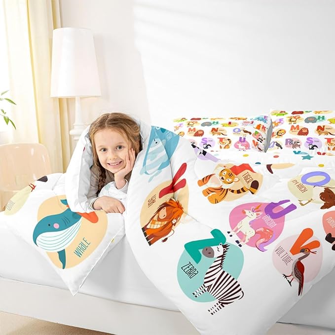 Alphabet Bedding Set for Kids Room Decor Cute Cartoon English Alphabet Comforter Set for Child Boys Girls,Animal ABC Fish Pattern Duvet Insert Ocean Sealife 26 Letters Bedroom Decor Queen Size