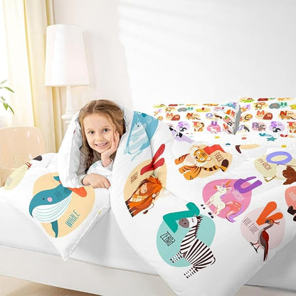 Alphabet Bedding Set for Kids Room Decor Cute Cartoon English Alphabet Comforter Set for Child Boys Girls,Animal ABC Fish Pattern Duvet Insert Ocean Sealife 26 Letters Bedroom Decor Queen Size