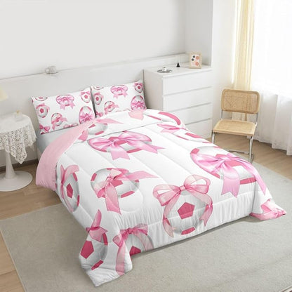 Bowknot Soccer Comforter Sets Full Size,Pink Bow Knot Print Bedding Set 3Pcs for Kids Girls Women Room Decor,Ball Sport Games Theme Quilted Duvet Cute Cartoon Girly Down Comforter,2 Pillowcases