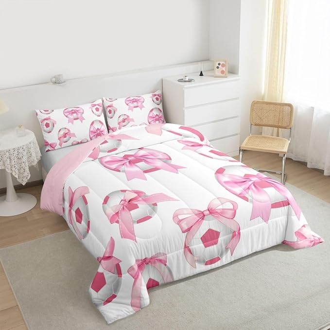 Bowknot Soccer Comforter Set Twin Size,Pink Bow Knot Print Bedding Sets 2Pcs for Kids Girls Women Room Decor,Ball Sport Games Theme Duvet Insert Cute Cartoon Girly Down Comforter,1 Pillowcase