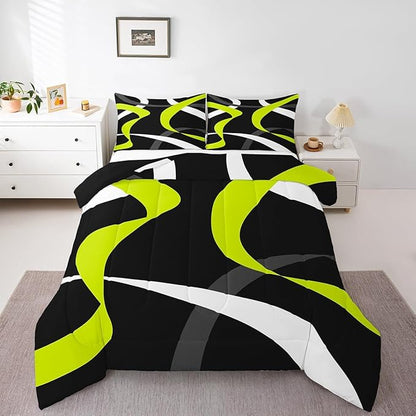 Erosebridal Abstract Black Lime Green Comforter Set Dark Grey White Striped Bedding Set Toddler for Kids Boys Teen Men Geometric Swirl Stripes Bedding Comforter Sets Modern Fashion Quilt Duvet