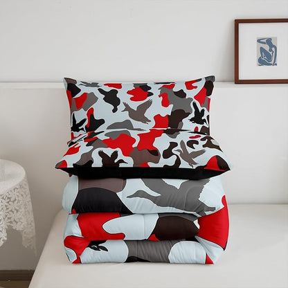 Erosebridal Farmhouse Duvet Insert Queen Size Camo Bedding for Kids Army Camouflage Hunting Bedding Comforter Sets Vintage Red Grey Bedroom Decor Wild Animal Duck Rustic Comforter Set