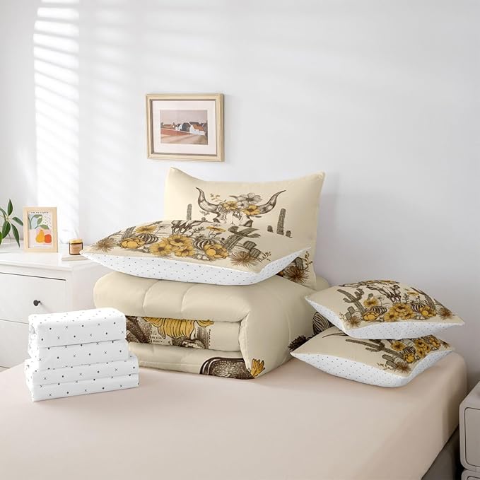 Erosebridal Flower Bull Skull 7 Piece Comforter Set Queen | Brown Symbol Tribal Bed in A Bag Tropical Bed Set Ethnic Bohemian Sheet Set Reversible Antique Aztec Fitted Sheet Breathable Lightweight