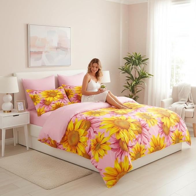 Girls Pink Sunflower Comforter Set Twin Size, Yellow Flowers Soft Bedding Set for Kids, 3 Pcs Watercolor Botanical Floral Bedroom Decor Quilt with 1 Pillowcases, 68"x86"