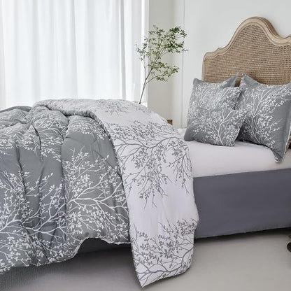 Spirit Linen 5 pcs Twin Comforter Set - Cozy Deep Sleep Microfiber Bedding Comforter Sets with Foliage Designed - Twin Bedding Sets with Pillow Shams (Grey, Twin)