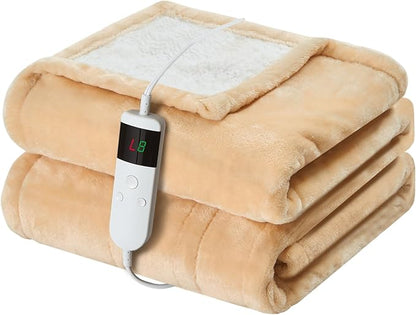 Electric Heated Blanket Throw Size 50''x60'' Soft Flannel & Sherpa Electric Blanket with 10 Heating Levels, Automatically Shut Down After 8h with Overheat Protection Machine Washable