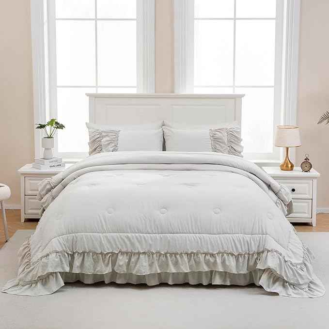 Beige Comfrter Set King Size Boho Bedding Set Shabby Chic 2 Layers Ruffles Bedroom Home Decor Ultra Soft Microfiber Farmhouse Down Comforter Bohemian Quilt Set for Girls Women