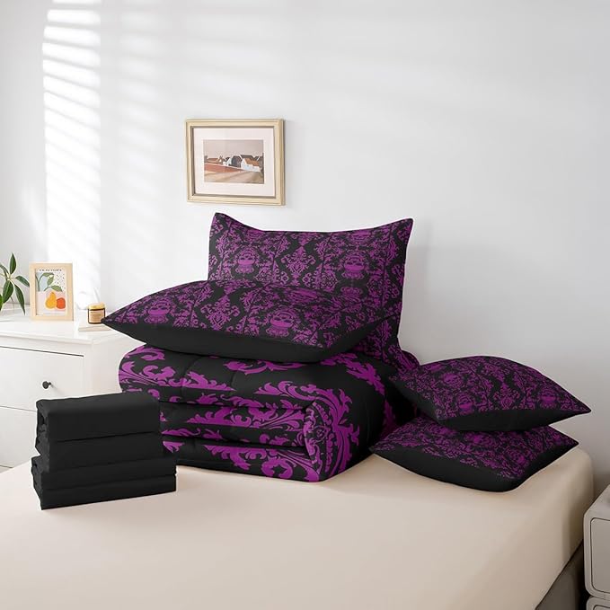 Erosebridal Sugar Skull Bed in a Bag Queen Comforter Set 7 Piece,Gothic Bedding Set,Black Purple Damask Bohemian Vintage Floral Comforter and Sheet Set,Goth Skeleton Antique Victorian Baroque Decor