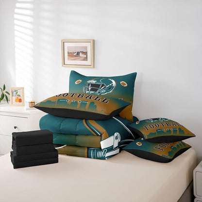 Erosebridal American Soccer Comforter Set with Sheets Football City Green Brown Queen 7 Piece Bedding Set for Kids Boys Teen,Rugby Sports Games Bed in A Bag City Silhouette Bed Set