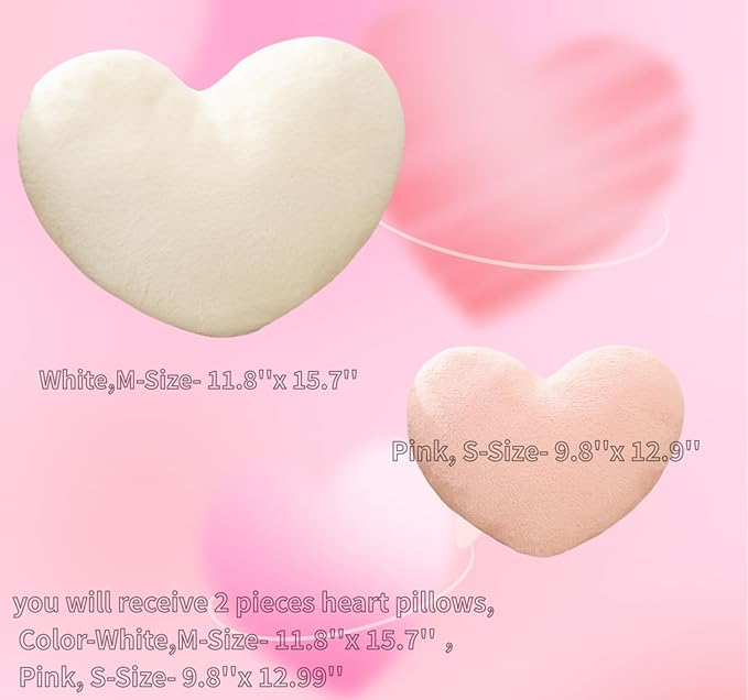 2 Pcs Heart Pillows Pink White Love Heart Shaped Throw Pillows Valentines Wedding Anniversary Faux Rabbit Fluffy Decorative Cushions for Livingroom Bed Sofa Car Couch Home Decor Aesthetic