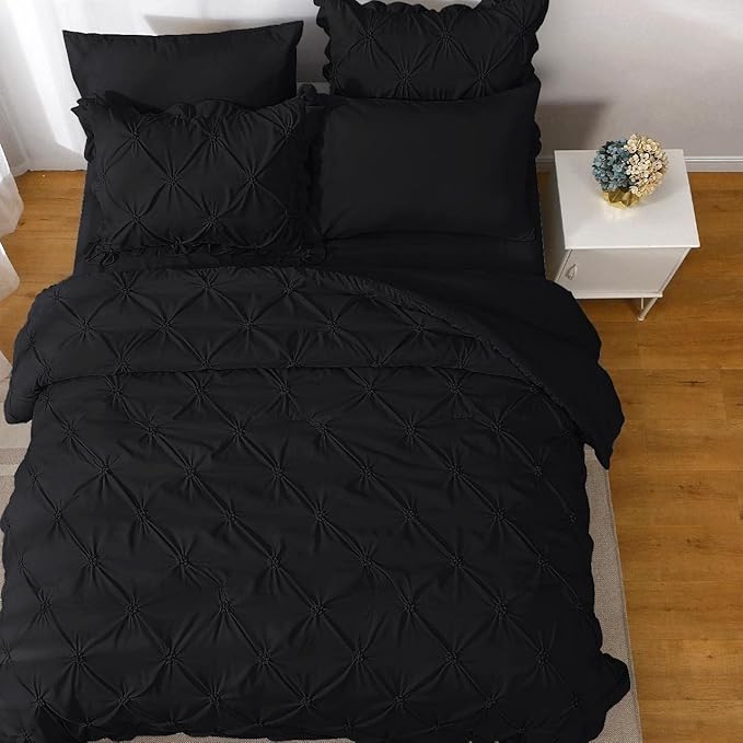 JOLLYVOGUE Black Full Size Comforter Sets 7 Pieces, Pintuck Bed in a Bag Comforter Set for Bedroom, Bedding Comforter Sets with Comforter, Sheets,Ruffled Shams & Pillowcases