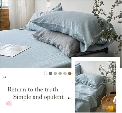 Simple&Opulence Washed Linen Bed Sheet Set Basic Style 4 Pieces (1 Flat Sheet & 1 Fitted Sheet & 2 Pillowcases) 100% Natural French Flax Soft Breathable Farmhouse Bedding (Queen, Duaty Blue)