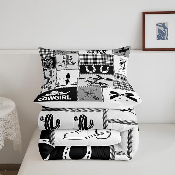 Western Cowgirl Girly Comforter Set King Size,Cactus Horseshoes Cow Skull Boot Rustic Bedding Set,Girls Women Room Decor,Bow Arrow Plaids Patchwork Down Comforter,Black Duvet Insert,2 Pillowcases