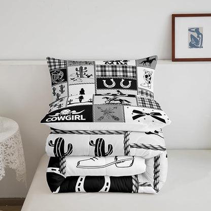 Western Cowgirl Girly Comforter Set Twin Size,Cactus Horseshoes Cow Skull Boot Rustic Bedding Set,Girls Women Room Decor,Bow Arrow Plaids Patchwork Down Comforter,Black Duvet Insert,1 Pillowcase