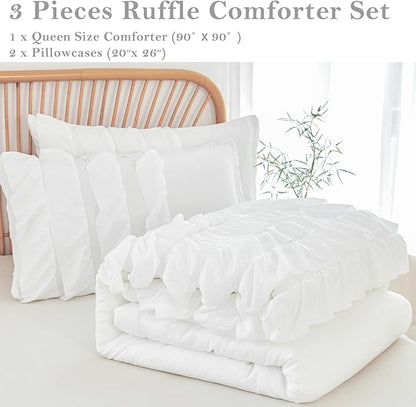 PERFEMET White Ruffle Bedding Queen 3 Pieces (1 Comforter and 2 Pillowcases), Multi Layers Ruffled Boho Comforter Set, Washed Microfiber Farmhouse Bedding Set (White,Queen)