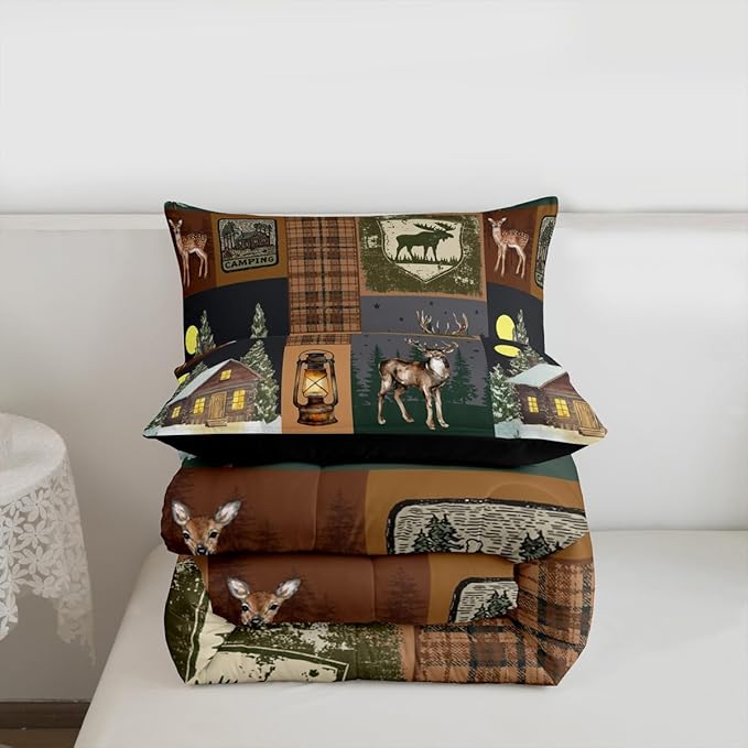 Farmhouse Bear Comforter Set Twin, Rustic Cabin Lodge Down Comforter, Retro Woodland Deer Bedding Comforter Sets, Hunting Wild Animal Plaid Checkered Quilt with 1 Pillow Case Bedroom Decor, Brown