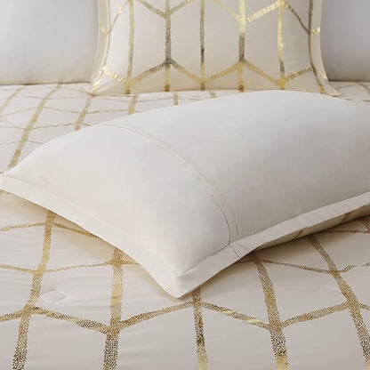 Intelligent Design Raina King/Cal King Comforter Set, Soft Microfiber, Modern Geometric Metallic Bed Set, 5 Pieces College Bedding with 2 Shams, 2 Toss Pillows Ivory/Gold