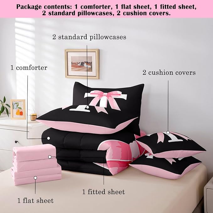 jejeloiu Kawaii Pink Bow Queen Comforter Set with Sheets,Gifts for Women Teen Girl,Monogrammed 7 Piece Bedding Set,Soft Personalized Initial Letter T Bed in a Bag with Comforter,Sheets,Pillowcases