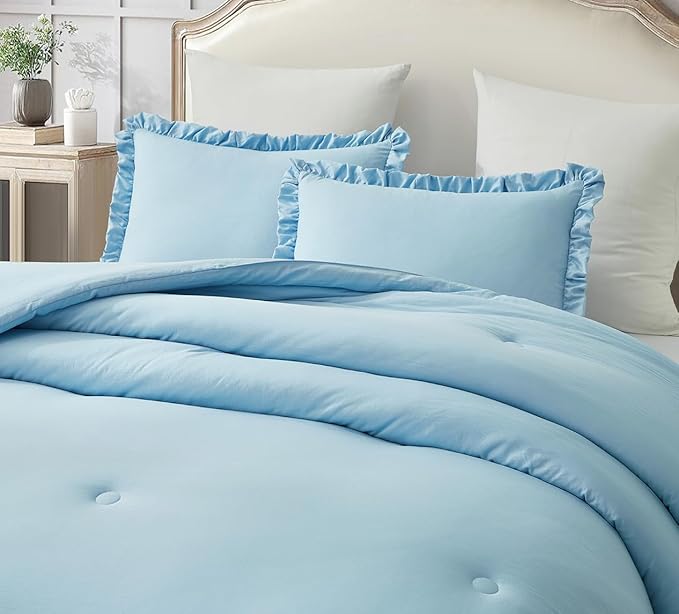 Chezmoi Collection Nora Chambray Blue Comforter Set Queen Size 3-Piece Lightweight Fluffy Soft Lightweight Bedding Ruffled Edge Trim Stone-Washed Microfiber Comforter Set for All Season