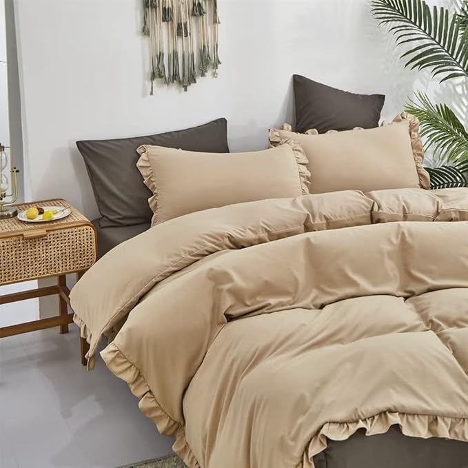CLOTHKNOW Taupe Ruffles King Size Comforter Set 3Pcs Farmhouse Bedding Comforter Sets Champagne Comforter Light Brown Comforter with 2 x Pillow Cases