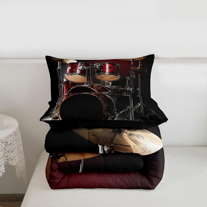 Erosebridal Drum Kit Comforter Set Full Size Rock Music Theme Duvet Set for Kids Boys Girls Teens Musical Instrument Bedding Set Red Black Drum Kit Hip Hop Quilt Set for Decor Gift