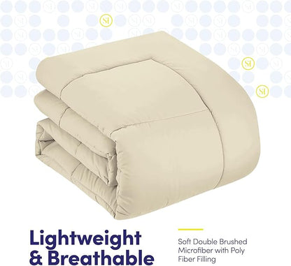 Sweet Home Collection 7 Piece Comforter Set Bag Solid Color All Season Soft Down Alternative Blanket & Luxurious Microfiber Bed Sheets, Beige, Queen