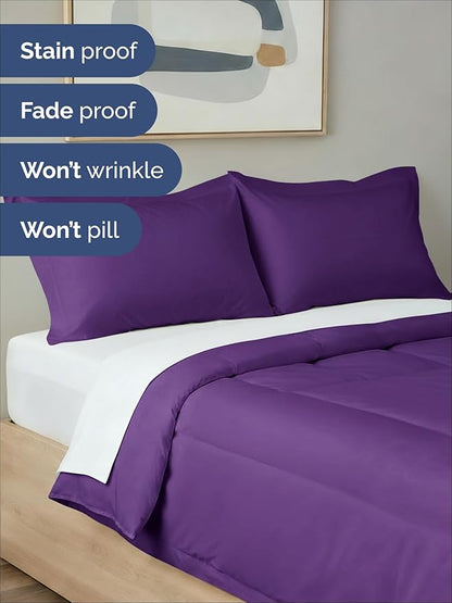 Full Comforter Set - 3 Piece Bed Set for All Seasons - 1 Soft Quilted Comforter w/ Corner Tabs & 2 Pillow Shams - Comfy, Cozy & Breathable - Premium Down Duvet Insert - Oeko-TEX - Full Size, Purple