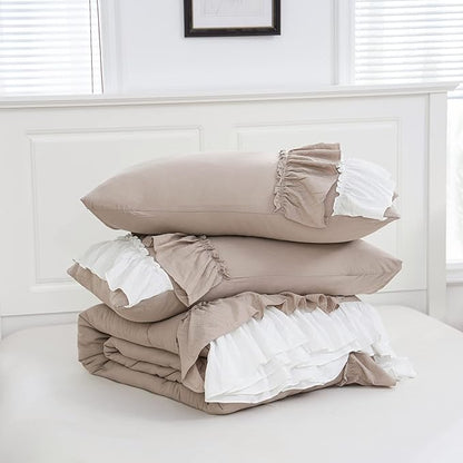 Bedding_Dreamer Boho Comforter Set Queen Size Farmhouse Comforter Shabby Chic 2 Layers Ruffles Decor Ultra Soft Washed Microfiber Taupe Bed Comforter Set 1 Comforter 2 Pillowcases (Taupe, Queen)…