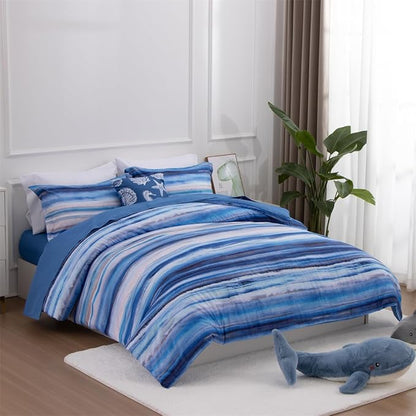 Holawakaka Beach Stripe Bedding Sets 6 Pieces, Blue Coastal Striped Comforter Set Queen Size All Season Geometric Bed Set, Nautical Bed in a Bag with Comforter, Sheets and Shams