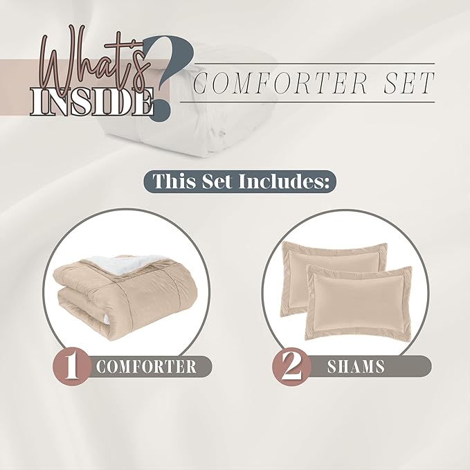 Elegant Comfort Super Soft Sherpa Comforter 3-Piece Set Premium Quality, Heavy Weight Reversible Down Alternative Micro-Suede, Sherpa Comforter, Cal King, Taupe