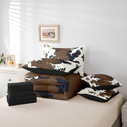 Erosebridal Cowhide 7 Piece Bedding Set Twin Cow Print Comforter Set with Sheets Western Farm Rustic Fur Highland Skin Bed in A Bag Beige Blue Bed Sets