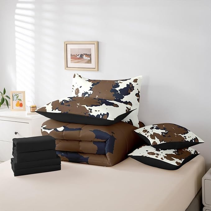 Erosebridal Cowhide King Comforter Set Cow Print 7-Piece Bed in A Bag Western Farm Rustic Fur Highland Skin Sheets and Pillowcases Beige Blue Bed Sets