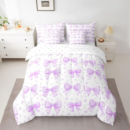 Erosebridal Kids Girls Purple Bowknot Bow Full Comforter Set 7 Pieces | Starry Bed in A Bag for Bedroom Princess Dreamy Bedding Set with Comforters Kawaii Cute Room Decor