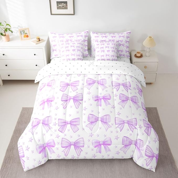 Erosebridal Kids Girls Purple Bowknot Bow Comforter Set Queen Size 7 Pieces | Starry Bed in A Bag Princess Dreamy Bed Set Kawaii Cute Bedding