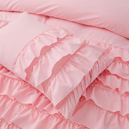 Holawakaka Pink Waterfall Ruffle Comforter Set Full Size Multi-Layers Ruffled Shabby Chic 3PCS Bedding Set for Girls Women