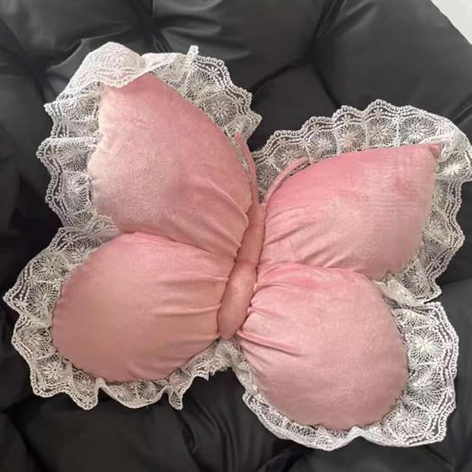 Butterfly Throw Pillow,21.6 inch Velvet Butterfly Decorative Pillow with Lace Trim,Animal Pillow for Couch Living Room Bed,Home Garden Decor (Pink)