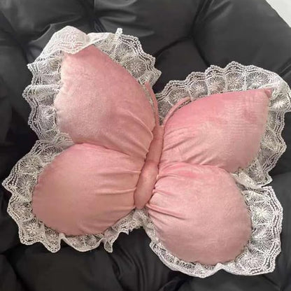 Butterfly Throw Pillow,21.6 inch Velvet Butterfly Decorative Pillow with Lace Trim,Animal Pillow for Couch Living Room Bed,Home Garden Decor (Pink)
