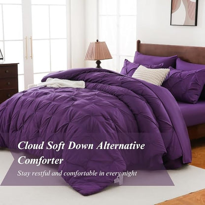 Sheet&Joy King Size Comforter Set, 7-Piece Bed in a Bag, Pintuck Bedding Set for All Season, Includes Comforter, Flat Sheet, Fitted Sheet, Pillowcases and Pillowshams, Purple