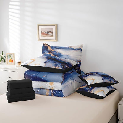Navy Blue Watercolor Bedding Comforter Sets 7pcs Aesthetic Marble Bed in a Bag, Modern Abstract Foil Print King Bedding Sets Marbling Printed Comforter Set, Stone Pattern Bedding Sets & Collections