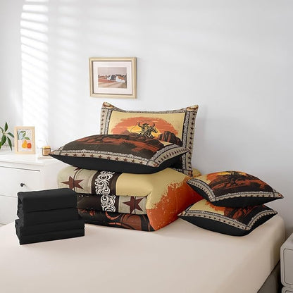 Feelyou Western Decor Comforter Set with Sheets Full Size Kids West Cowboy Horse 7 Pieces Bedding Set for Boys Girls Teens Rodeo Cowboy Style Bed in a Bag Breathable Grunge Design Bed Set Star Sunset