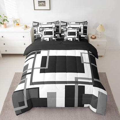 Erosebridal 7Pcs Black and White King Comforter Set for Minimalist,Black Gray Modern Geometric Bed in A Bag,Abstract Geometric Modern Bedding with Bed Sheets,Mid Century Modern Fashion Quilt