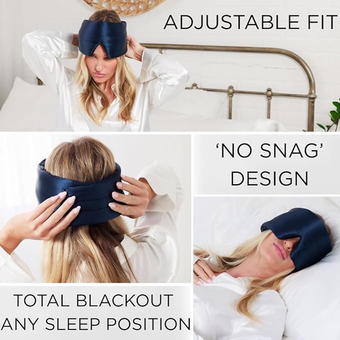 3D Silk Sleep Mask in Gift Box, Sleep Longer in Total Darkness and Comfort. Total Blackout Liner Blocks Light, Lightweight, 100% Silk 22 Momme, Foam Countour Does Not Crush Eyelashes (Noble Blue)