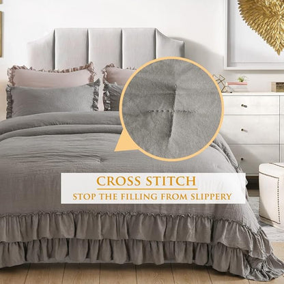 Masaca Grey Shabby Comforter Set Queen,Farmhouse Rustic Microfiber Bedding Ruffled Comforter Set,Vintage Gray Ruffle Comforter for Queen Bed Fluffy Aesthetic Bedding 3 Pieces