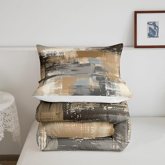 Graffiti Grunge Comforter Set,Brown Grey Tie Dyed Bedding Sets for Women Men,Hand Painted Watercolor Duvet Insert Lightweight,Ombre Oil Painting Down Comforter with 2 Pillowcases Warm,King