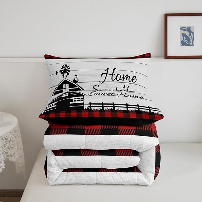 Buffalo Plaid Farmhouse Bedding Sets Full Rustic Cabin Comforter Set For Kids Adults Black Red Grids Windmill House Duvet Insert Western Country Home Room Decor Wooden Barn Door Quilt Comforter
