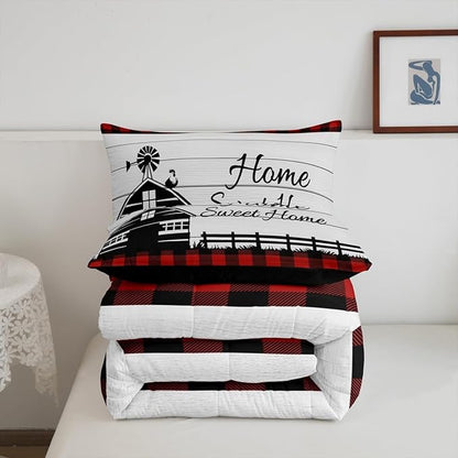 Buffalo Plaid Farmhouse Bedding Sets Full Rustic Cabin Comforter Set For Kids Adults Black Red Grids Windmill House Duvet Insert Western Country Home Room Decor Wooden Barn Door Quilt Comforter