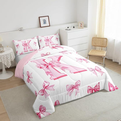 Erosebridal Initial Letter K Bow Bedding Set for Kids Girls Teen Women,Pink Girly Bowknot Bedding Comforter Sets Toddler Cute Fantasy Princess Comforter Set Kawaii Watercolor Bow Quilt Duvet